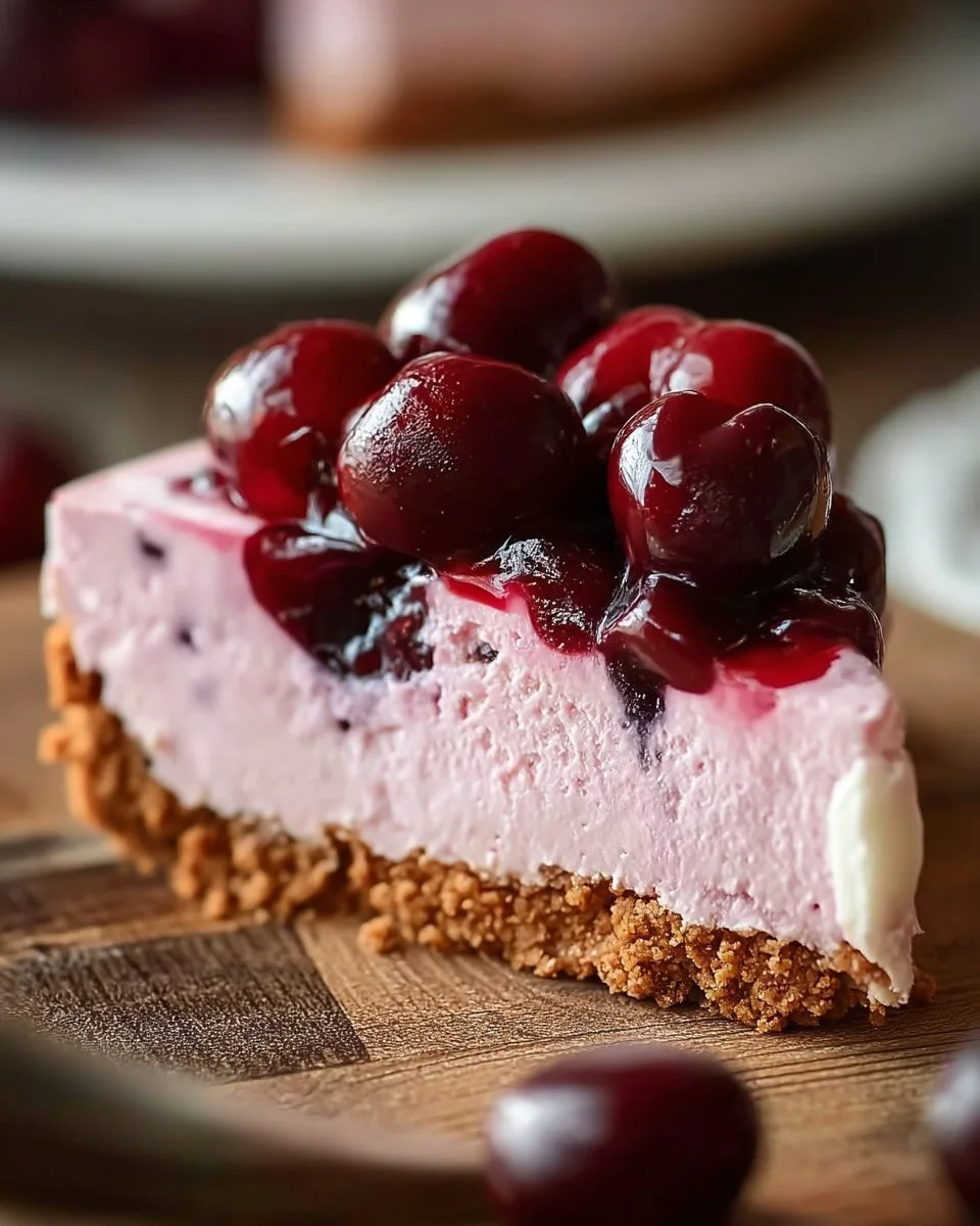 No-bake cherry cheesecake topped with fresh cherries