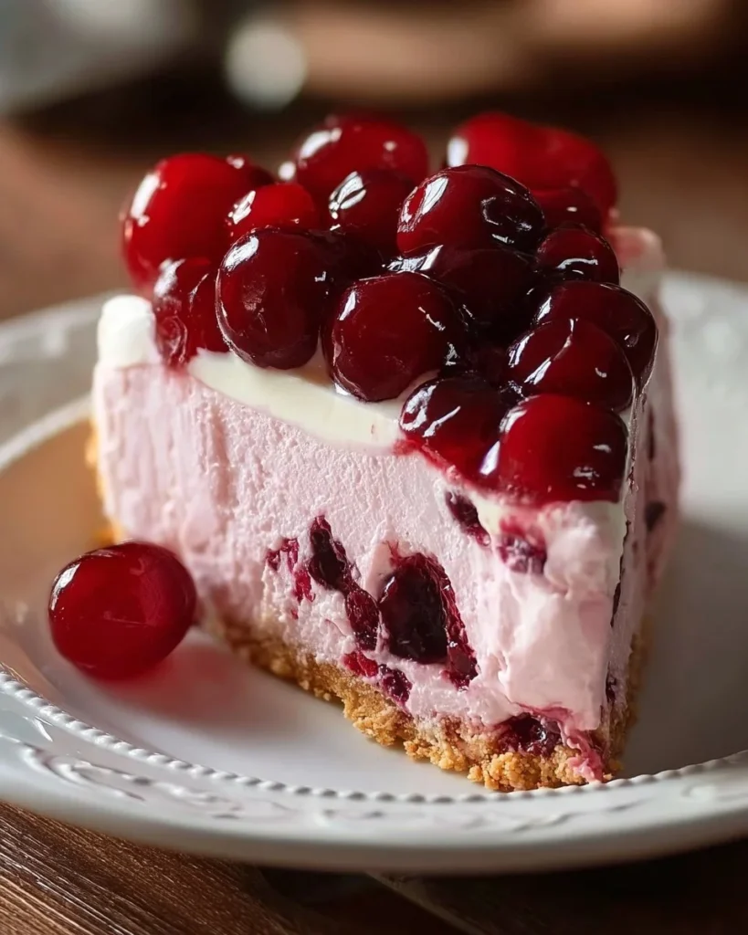 A delicious no-bake cherry cheesecake topped with vibrant cherry filling