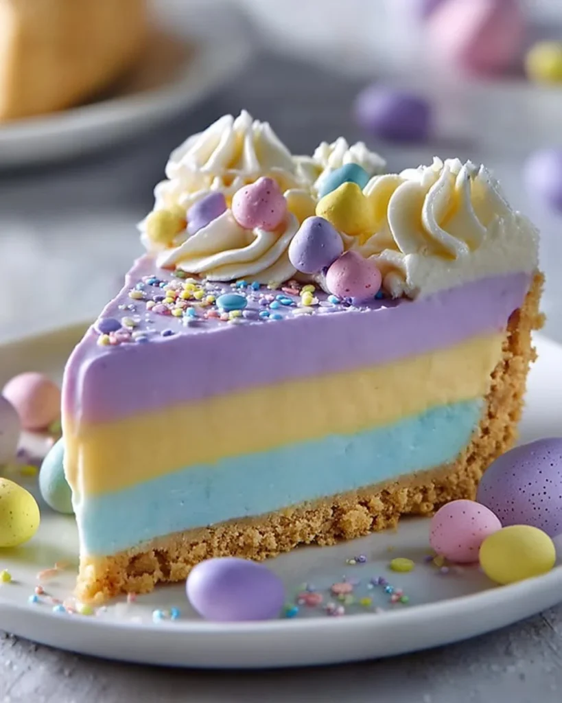 Easter Magic Jell-O Pie with colorful layers and whipped cream topping