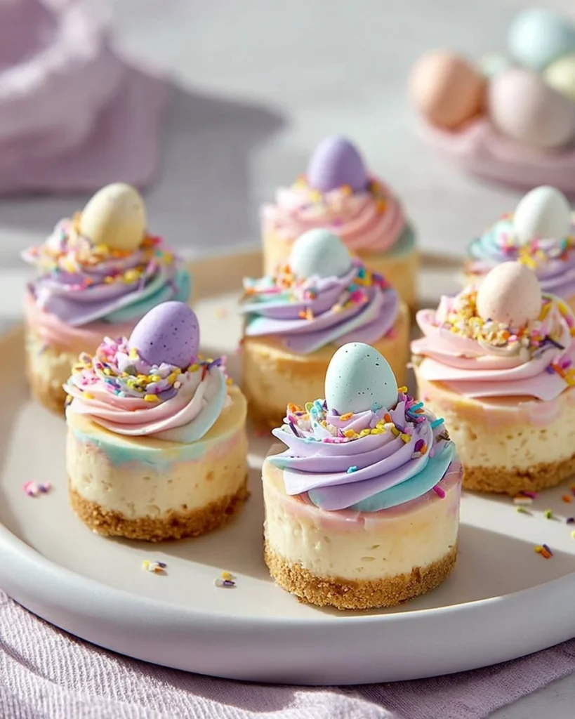 Easter No-Bake Mini Swirl Cheesecakes topped with colorful swirls