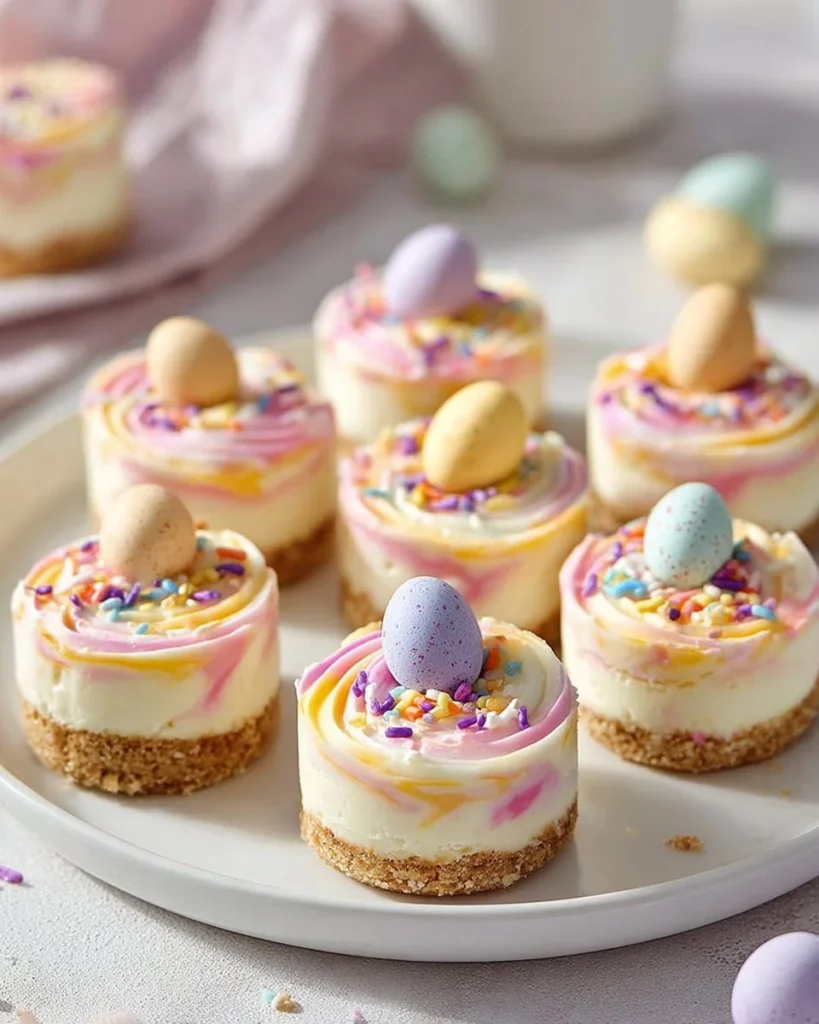 Easter no-bake mini swirl cheesecakes decorated with colorful toppings.
