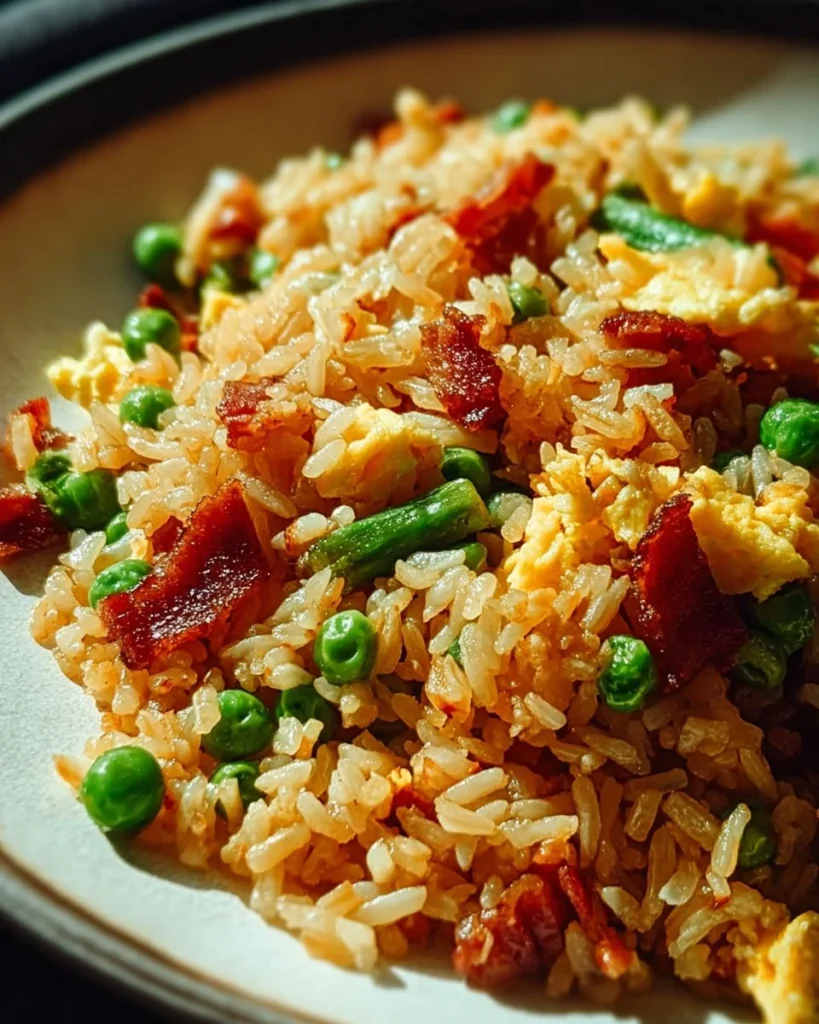 Plate of easy bacon fried rice garnished with green onions