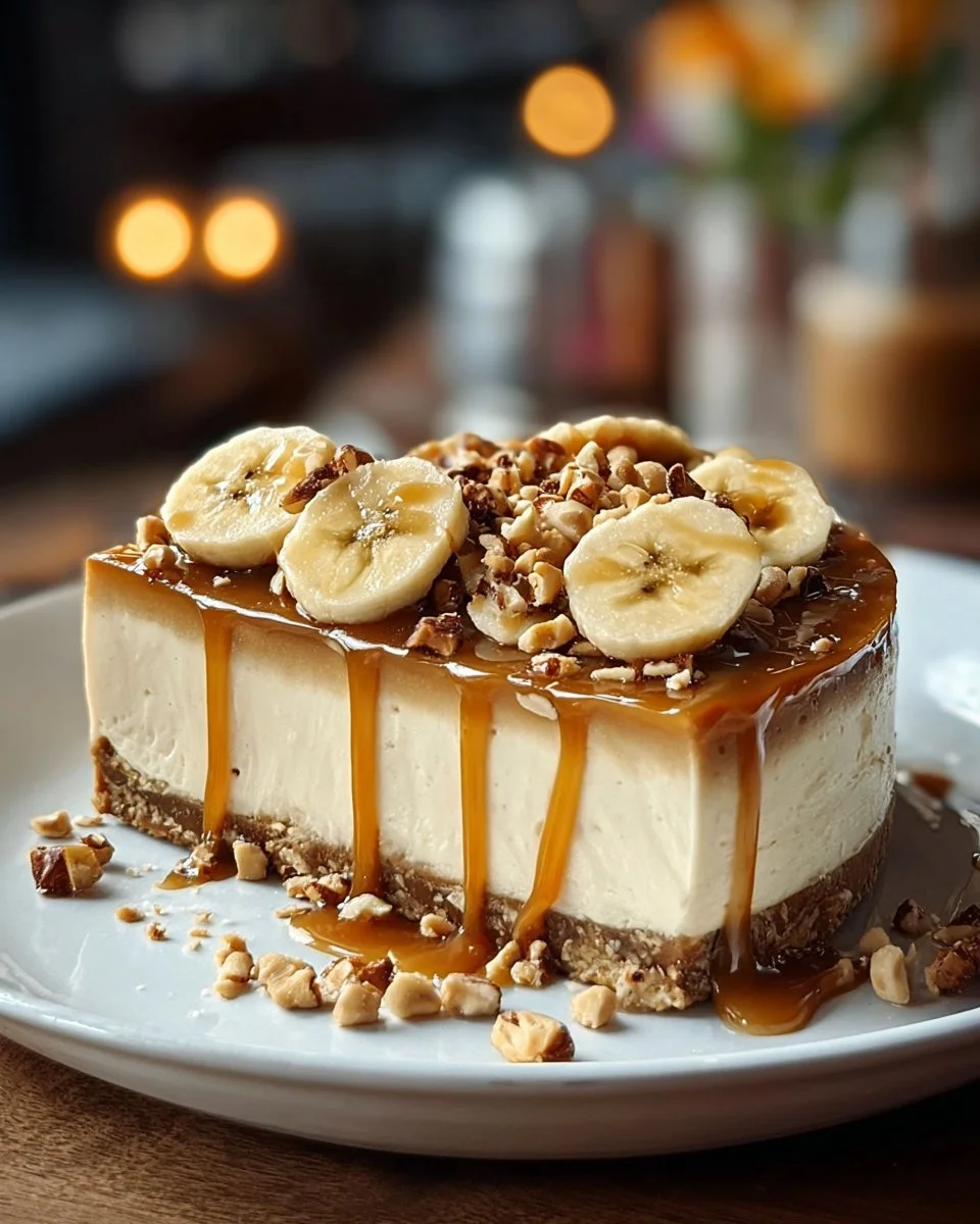 Easy banana caramel cheesecake topped with creamy peanut butter and banana slices