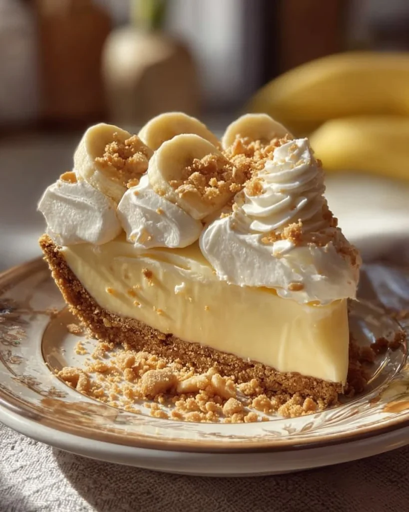 Slice of easy banana cream pie topped with whipped cream and banana slices