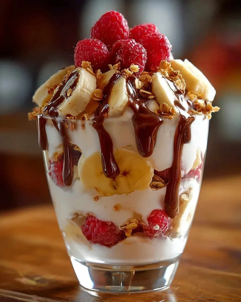 Easy Banana Split Fluff Delight dessert with bananas, whipped cream, and chocolate.