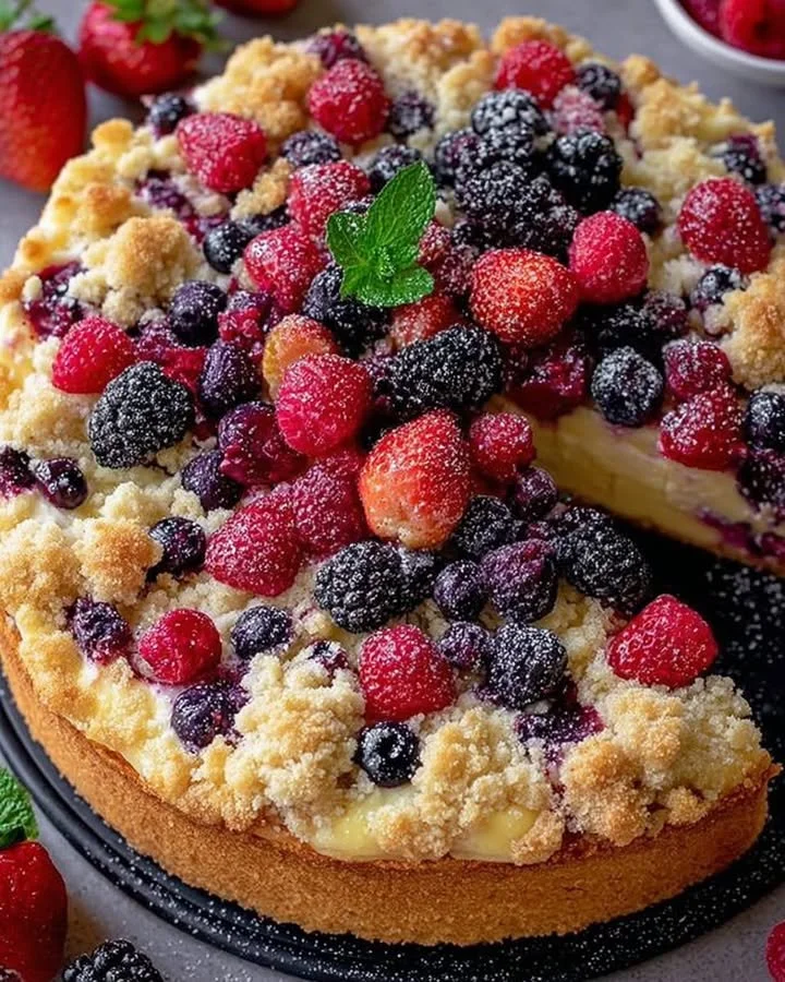 Delicious easy berry cake topped with crumb for a sweet dessert treat