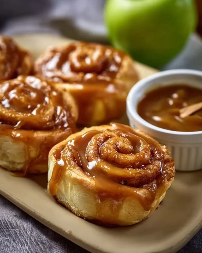 Delicious easy caramel apple cinnamon rolls topped with caramel drizzle.