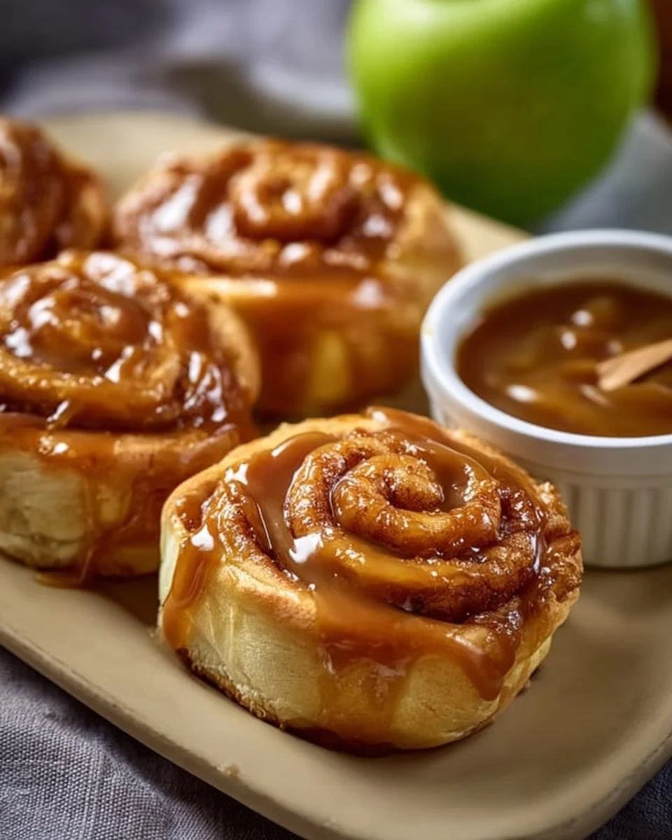 Delicious easy caramel apple cinnamon rolls topped with caramel drizzle.