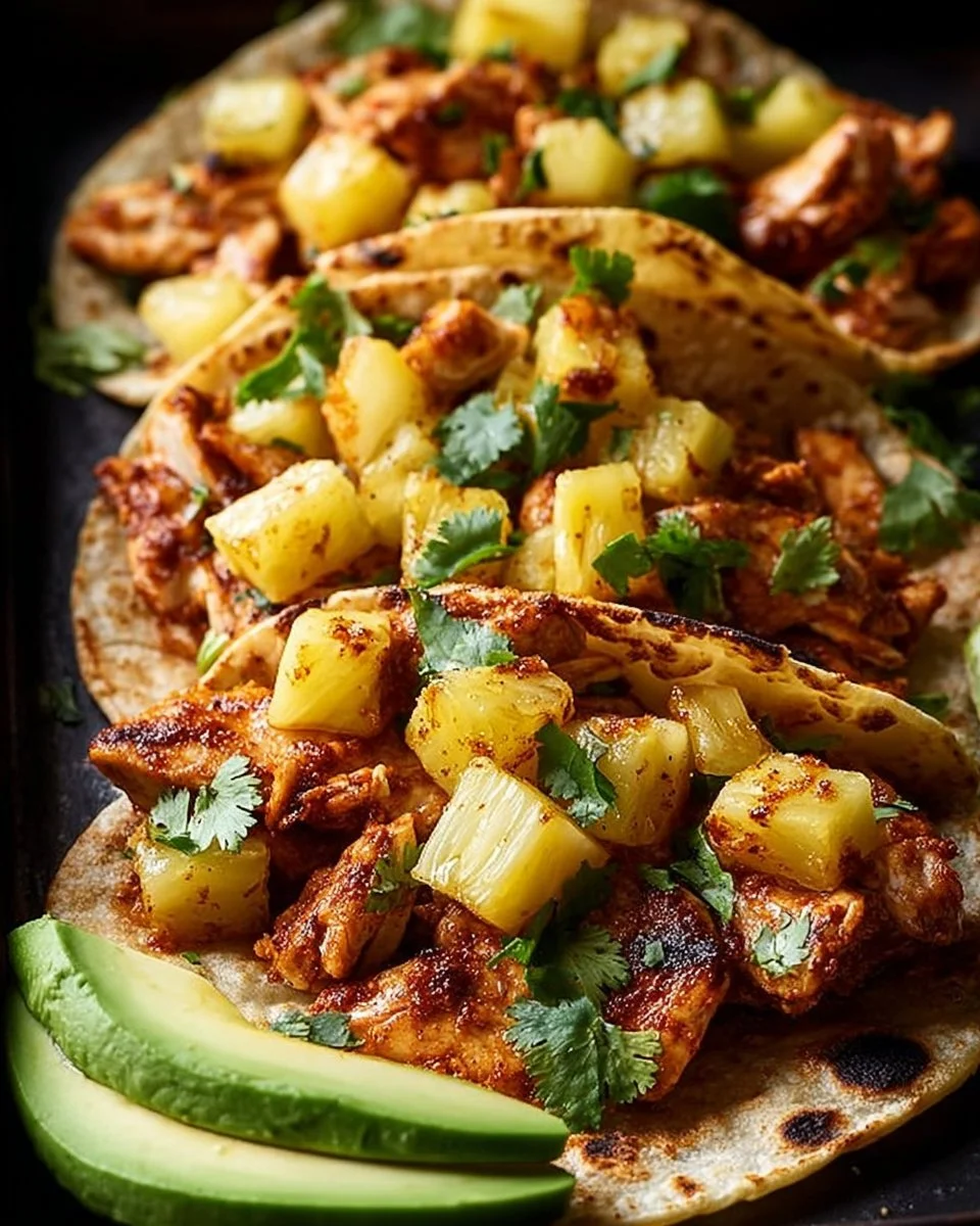Easy chicken tacos with pineapple served on a plate