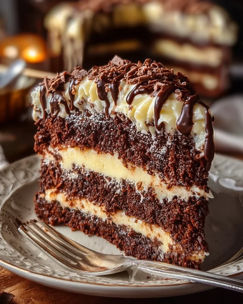 Deliciously prepared easy chocolate mousse cake topped with chocolate shavings.
