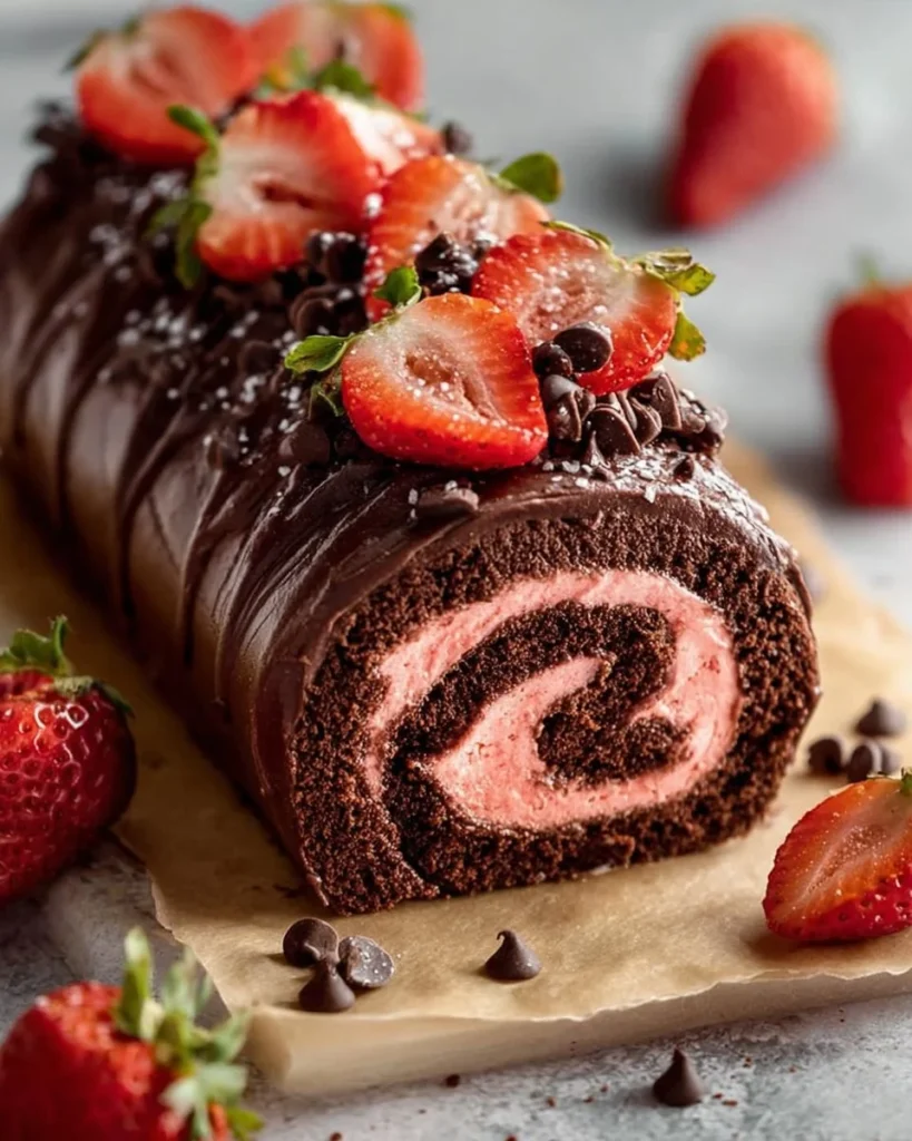 Vegan gluten-free chocolate swiss roll with strawberry buttercream