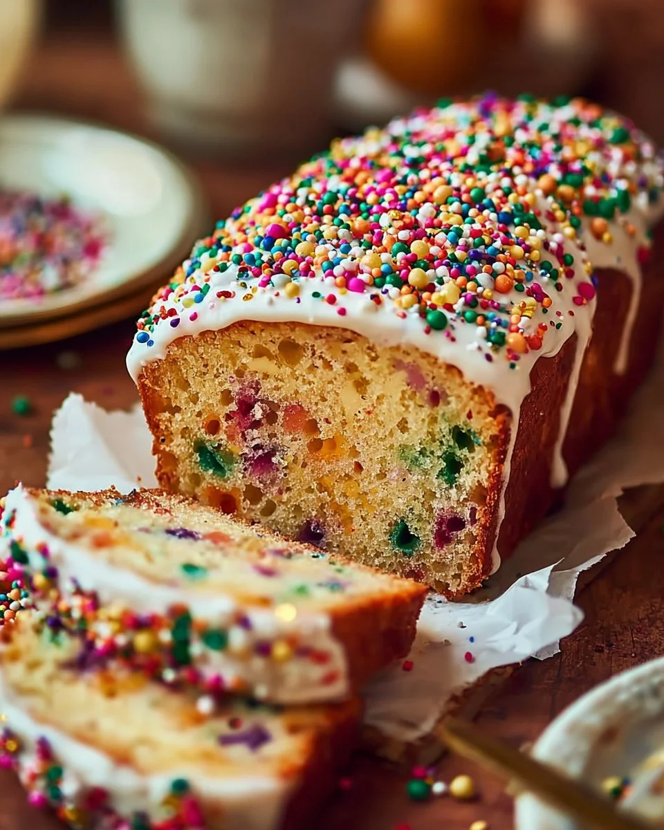 Slice of Christmas Funfetti Bread with colorful sprinkles