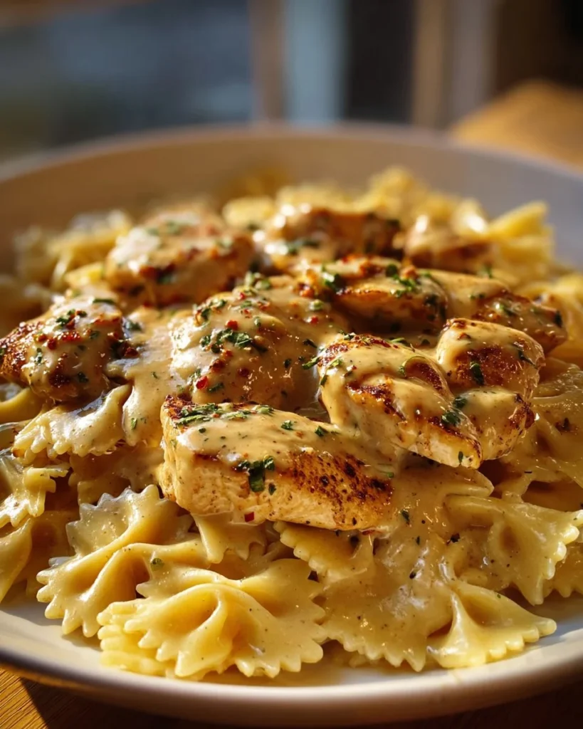Creamy lemon garlic chicken served with parmesan bowtie pasta on a plate