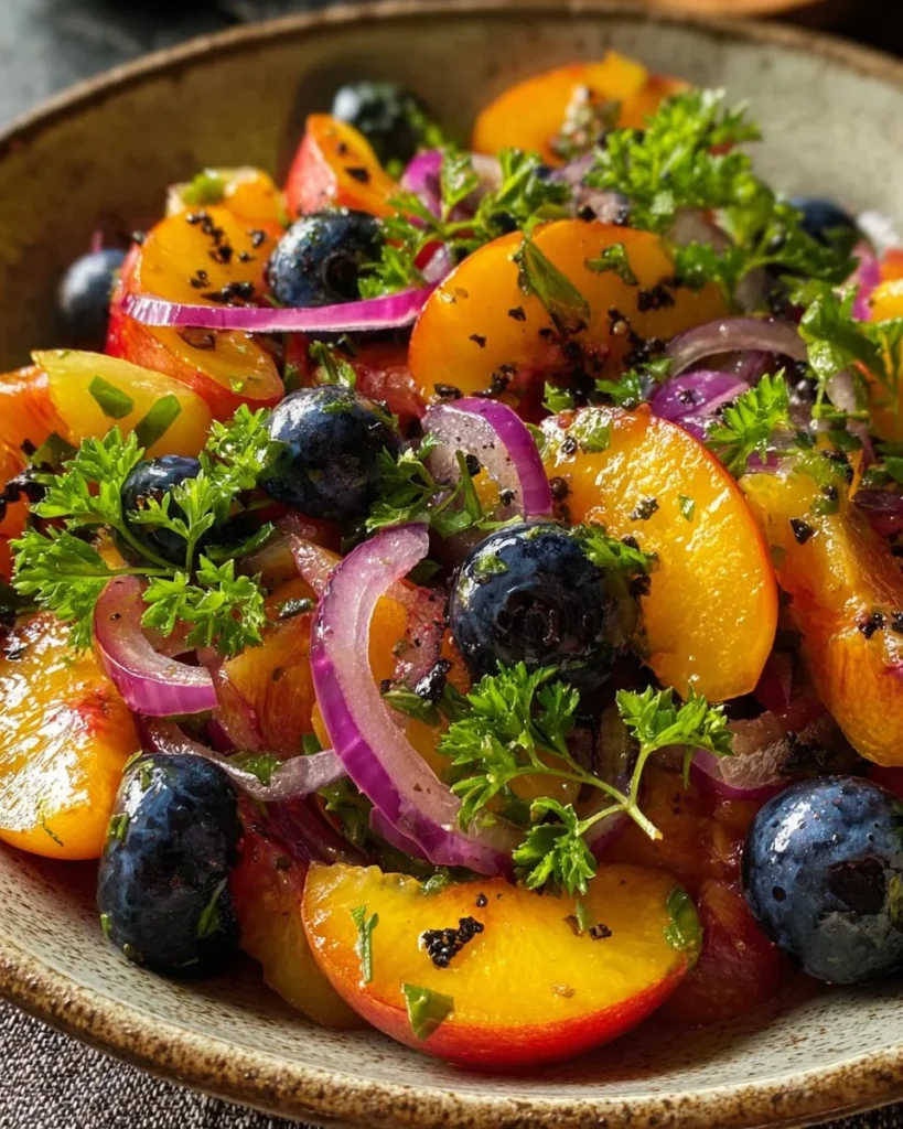 Fresh grilled peach blueberry salad with arugula and feta cheese