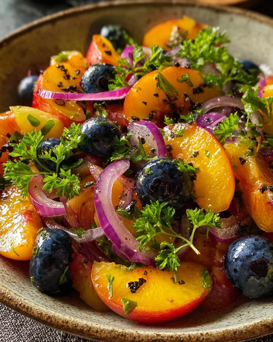 Fresh grilled peach blueberry salad with arugula and feta cheese