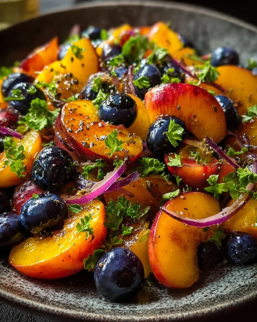 Easy grilled peach blueberry salad topped with fresh ingredients.