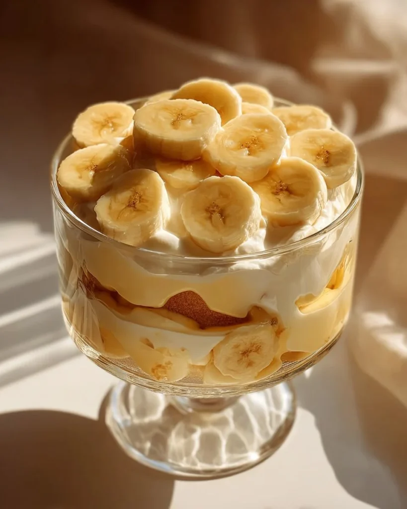 Delicious layered banana pudding trifle with bananas, pudding, and wafers