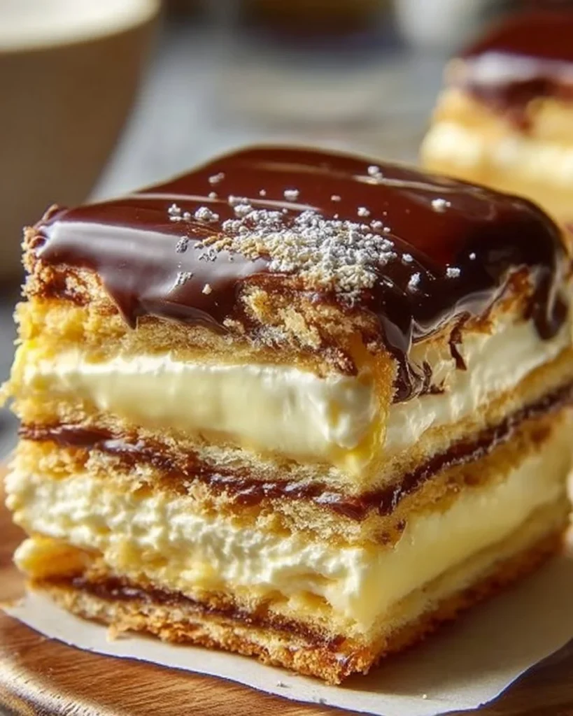 Delicious layered biscuit pudding served in a glass dessert dish.