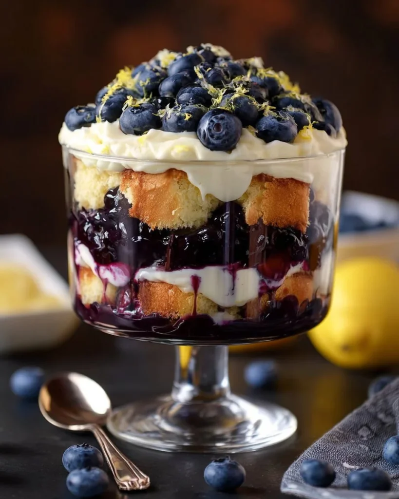 Delicious lemon blueberry trifle dessert in a glass with layers of cream and fruit