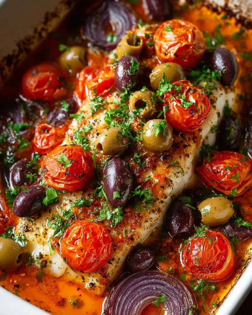 Delicious Mediterranean Baked Cod dish with herbs and vegetables