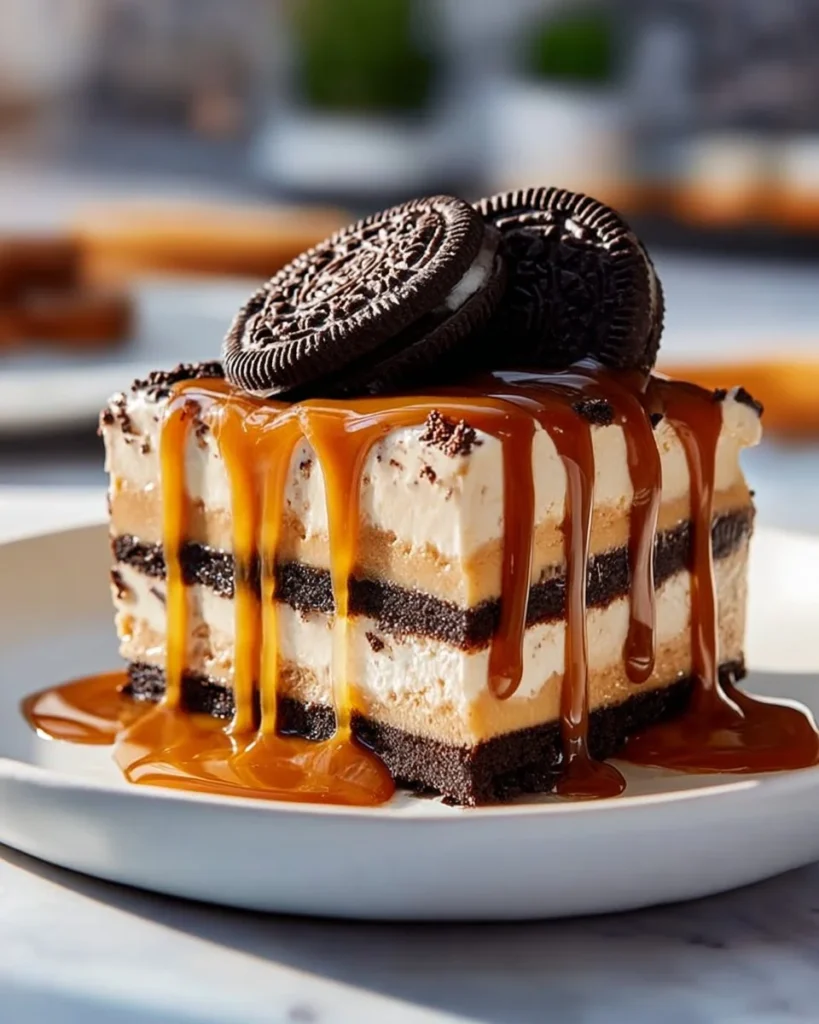 No bake salted caramel Oreo icebox cake topped with caramel drizzle and Oreos