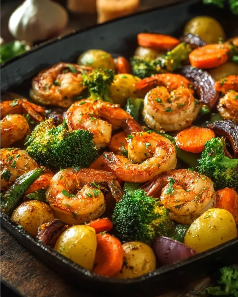 Easy one pan roasted shrimp and mixed vegetables dish ready to serve