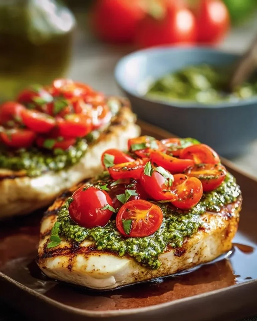 Plated easy pesto bruschetta chicken garnished with fresh basil and tomatoes