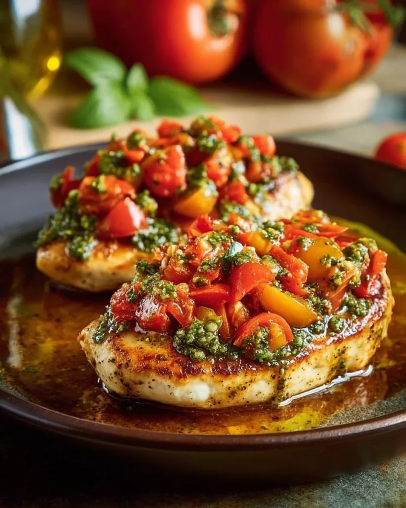 Delicious easy pesto bruschetta chicken served on a plate with fresh herbs