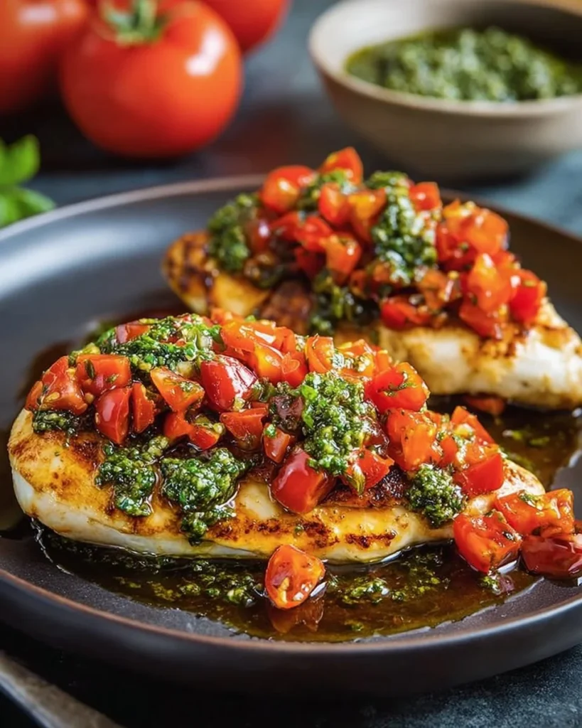 Plate of easy pesto bruschetta chicken topped with fresh basil and tomatoes