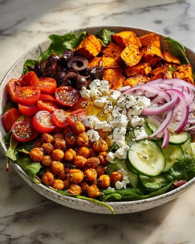 Easy roasted sweet potato and chickpea Greek bowl with vibrant vegetables