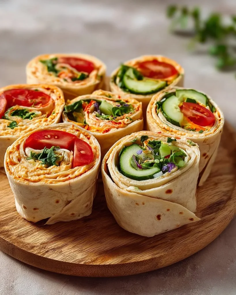 Delicious easy veggie hummus wraps filled with fresh vegetables and healthy ingredients.
