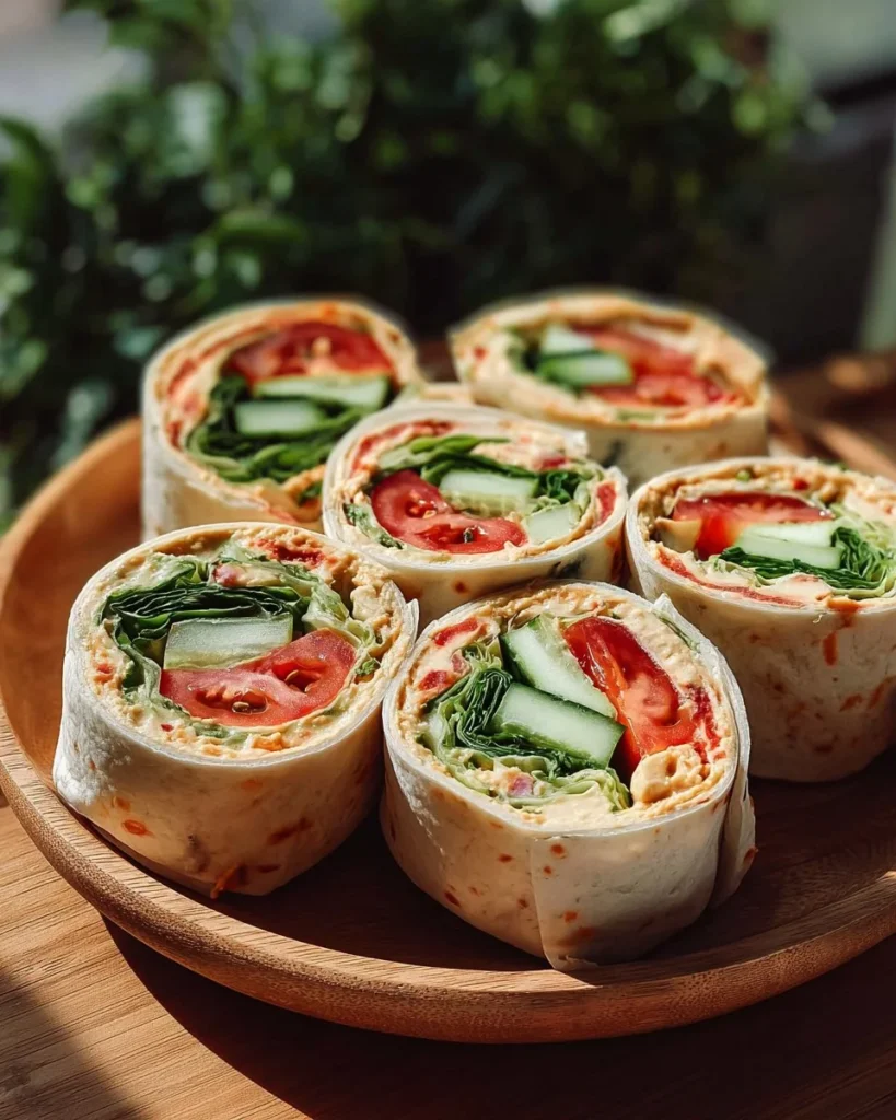 Colorful veggie hummus wraps with fresh vegetables and hummus filling