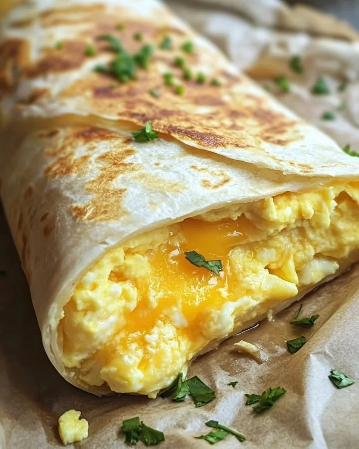 Egg and cheese breakfast burrito wrapped in a tortilla, ready to eat.