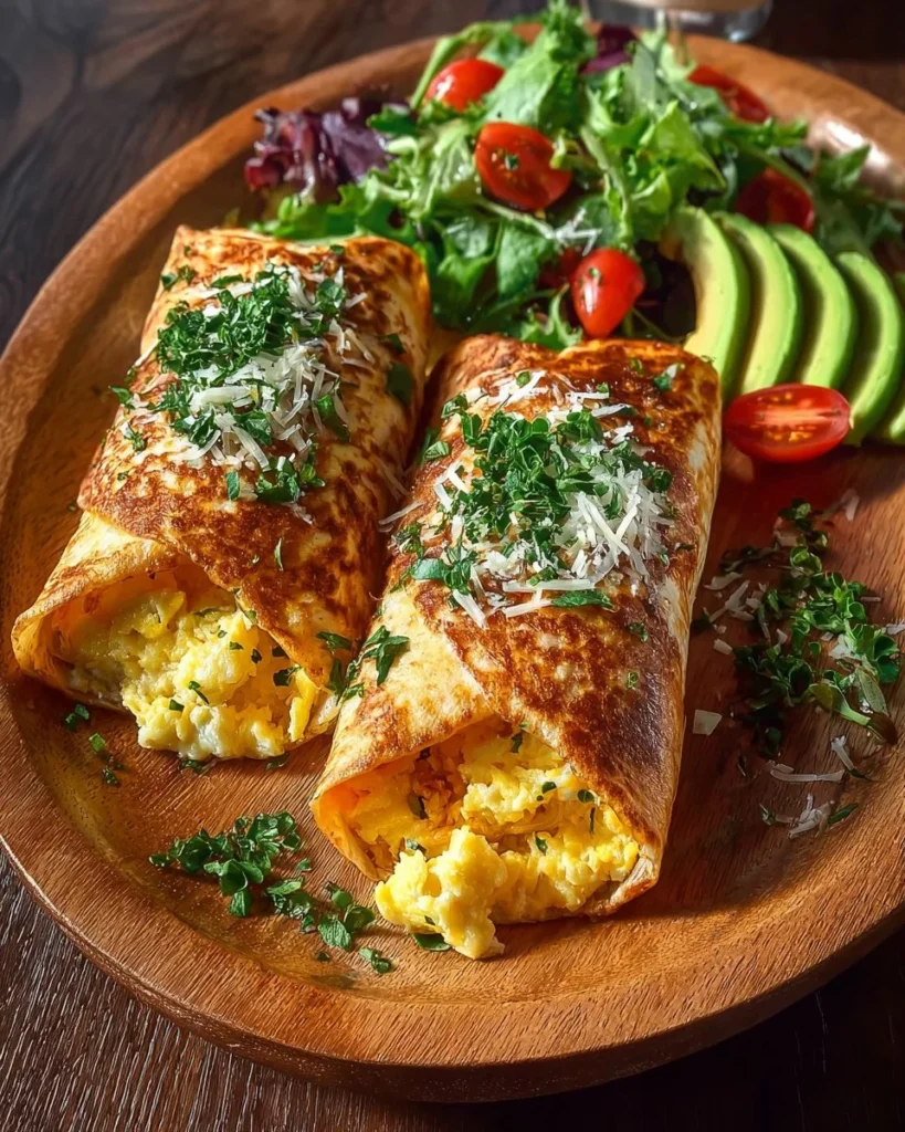 Egg flatbread wrap filled with fresh ingredients and vibrant colors