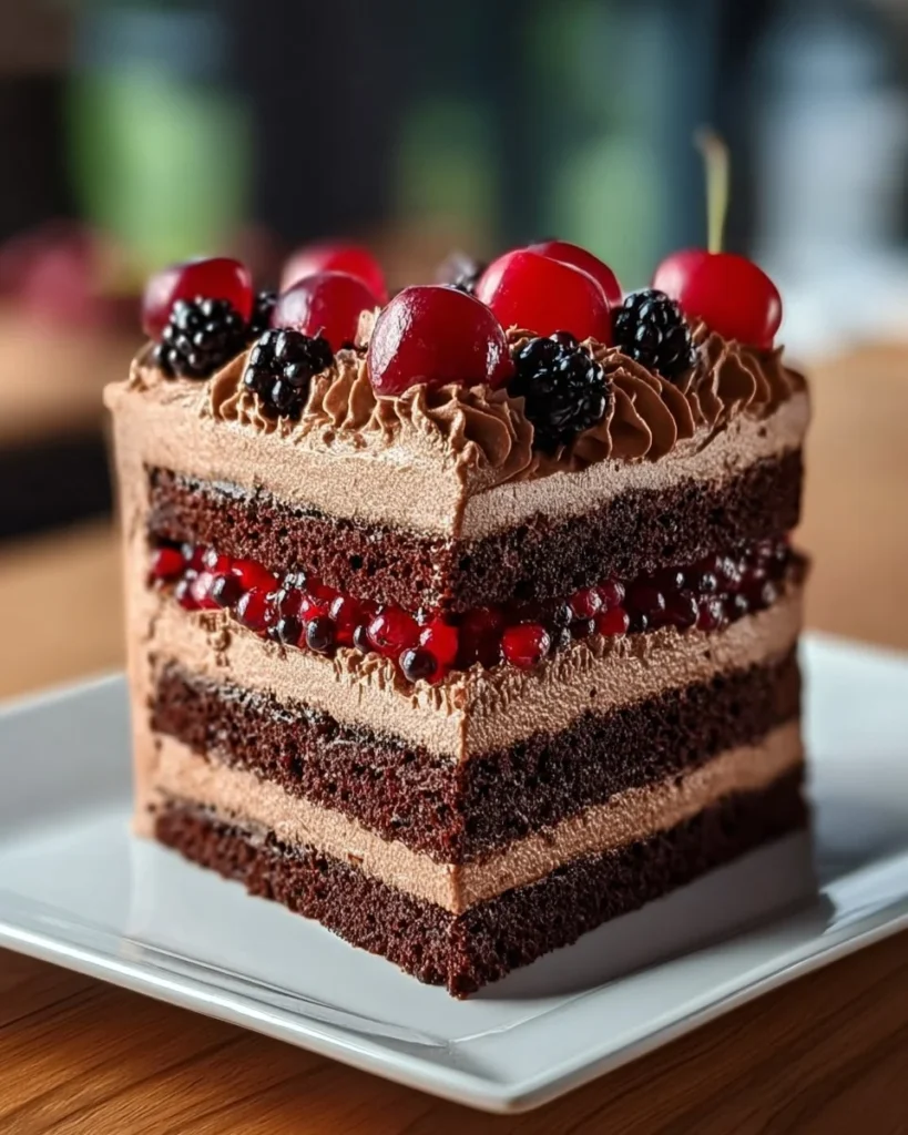 Slice of Eggless Black Forest Cake with cherries and whipped cream on top