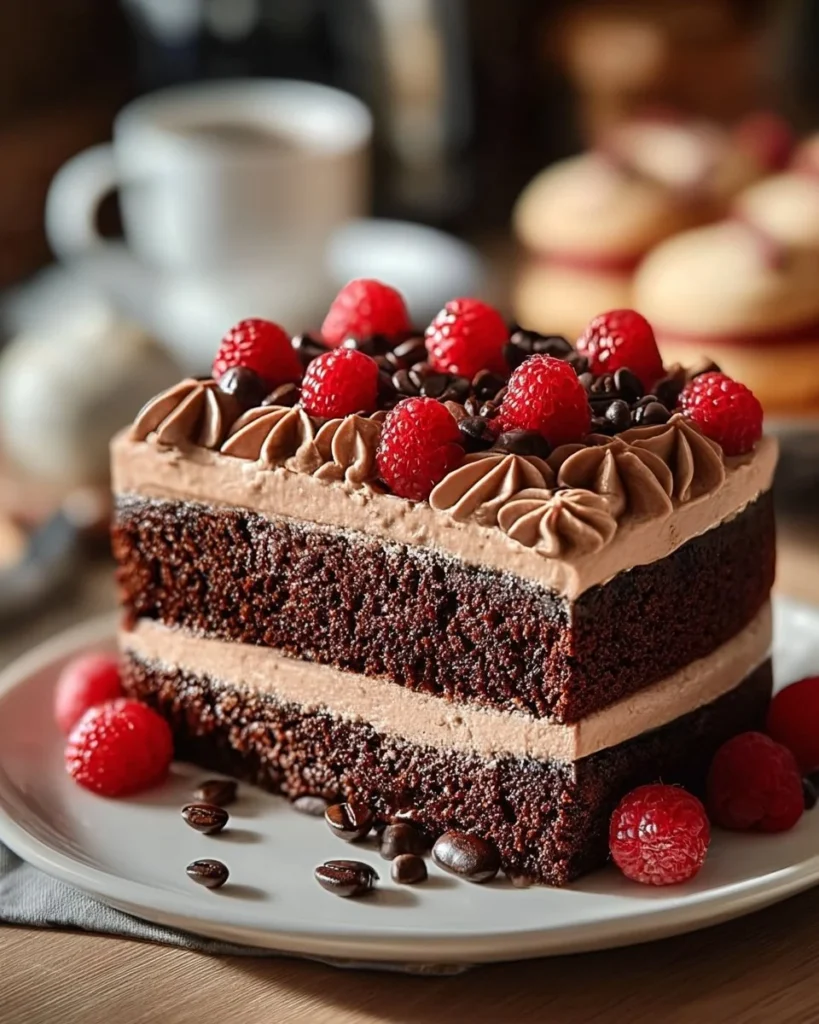 Eggless Black Forest Cake with cherries and cream frosting on a white plate.