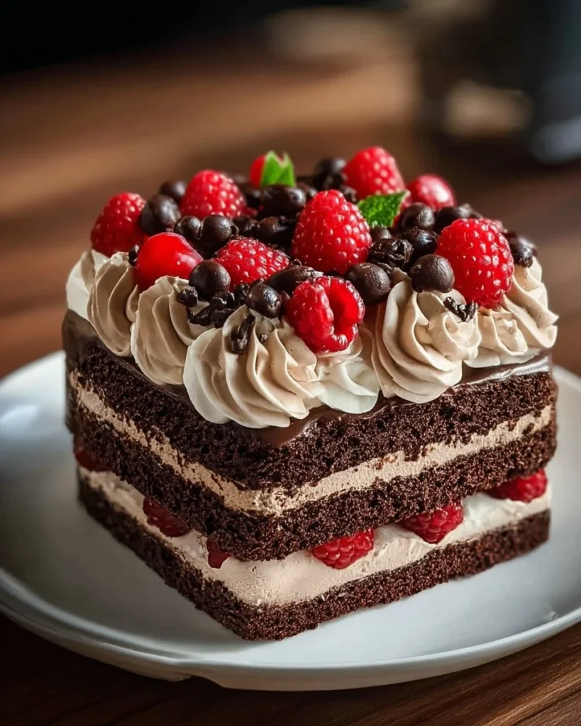 A beautifully decorated eggless Black Forest Cake with cherries and chocolate layers
