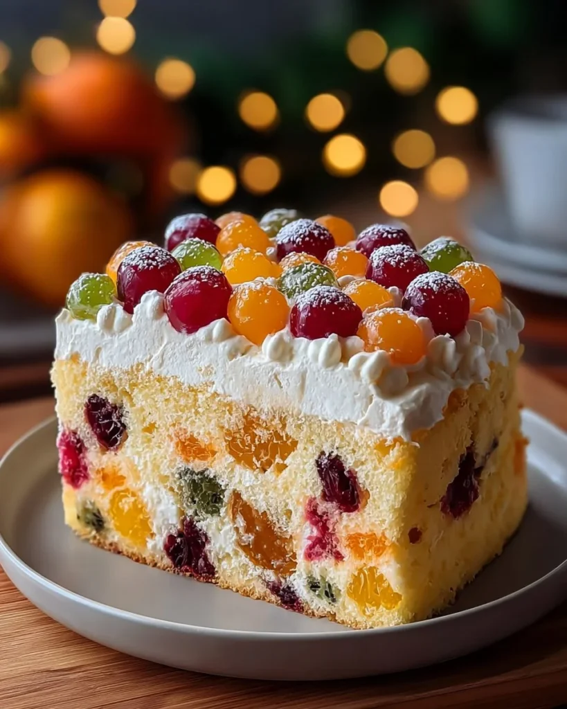 Eggless Fresh Fruit Cake topped with assorted fresh fruits
