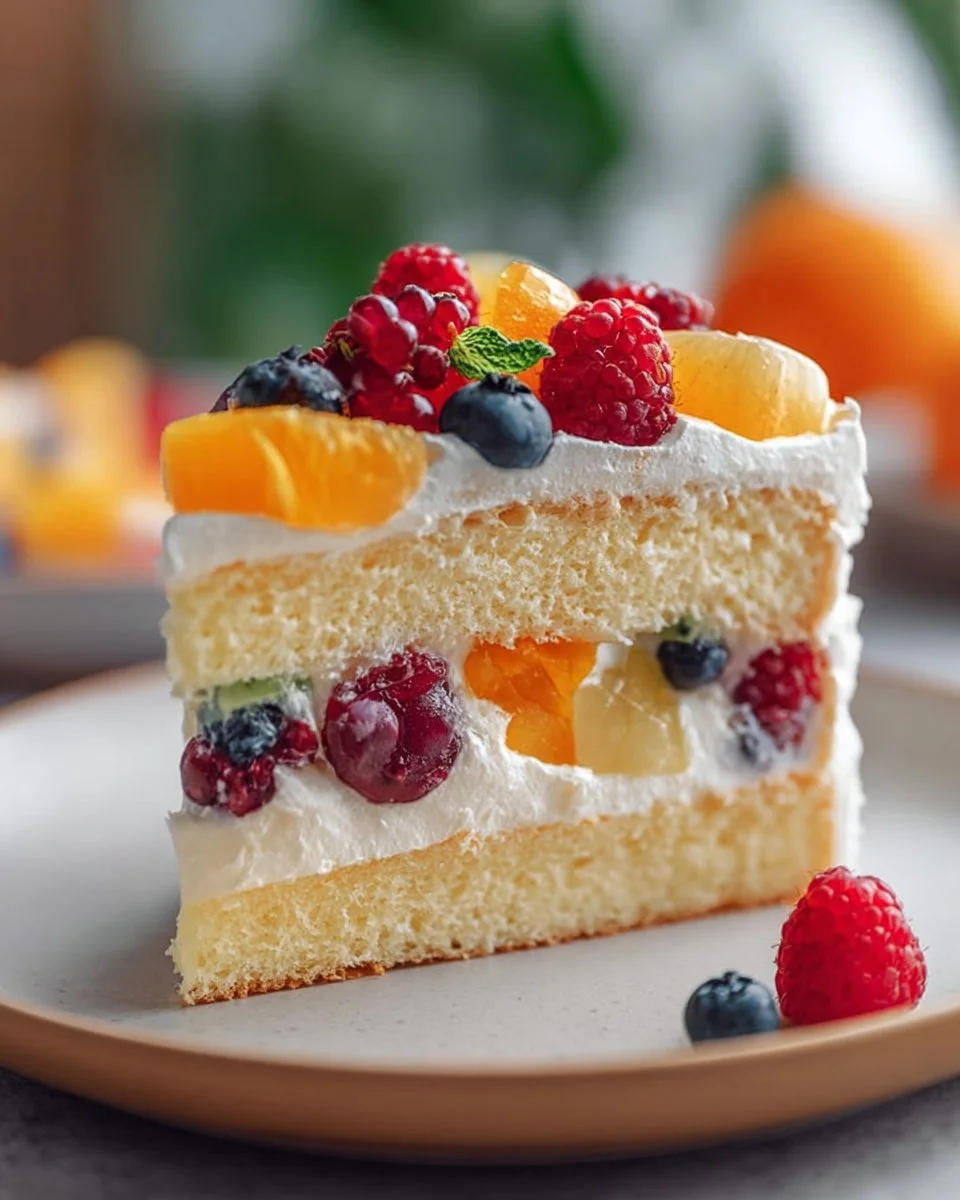 Eggless Fresh Fruit Cake topped with colorful fresh fruits.