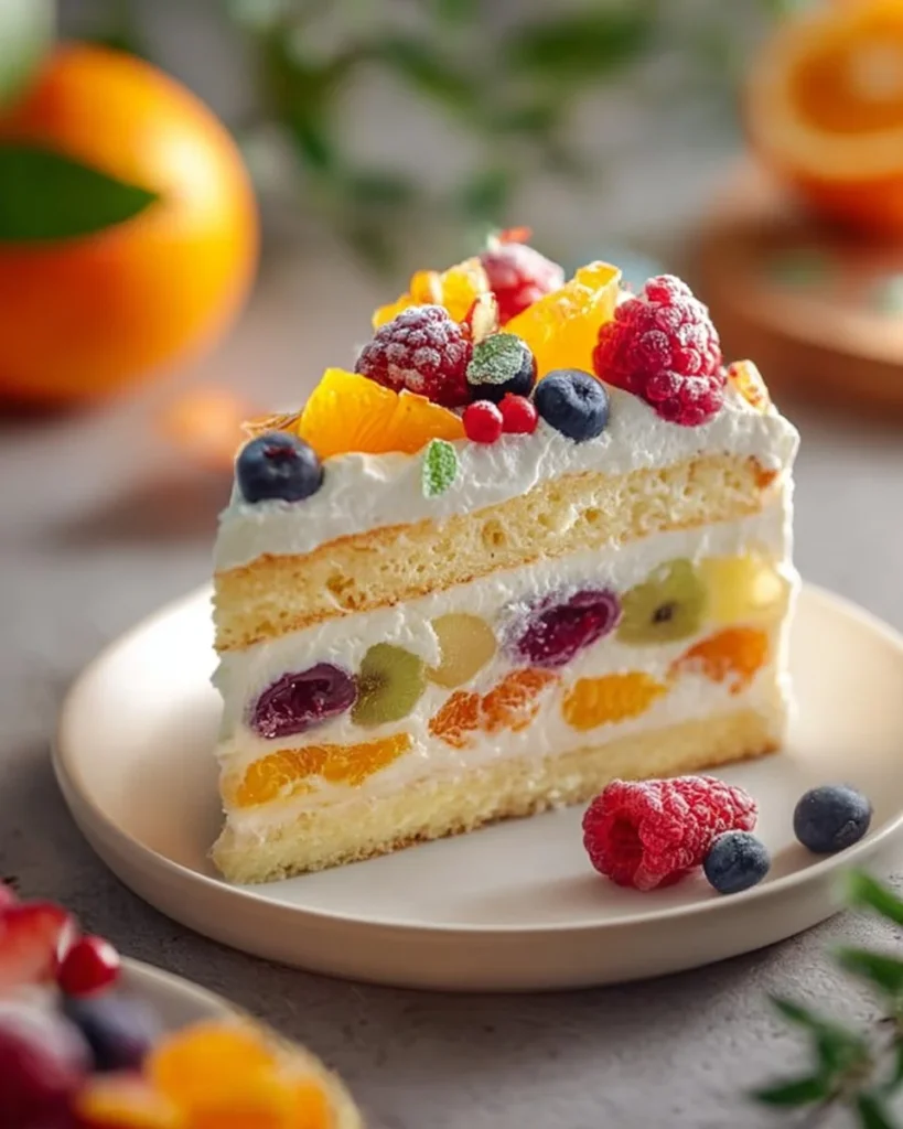 Eggless fresh fruit cake topped with an assortment of colorful fruits and cream.