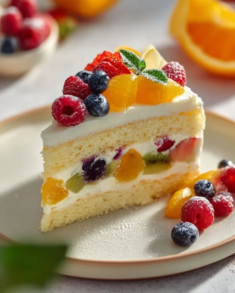 Eggless fresh fruit cake with colorful seasonal fruits on top
