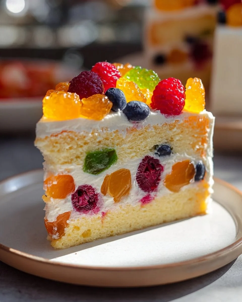 Delicious eggless fresh fruit cake topped with an assortment of colorful fruits