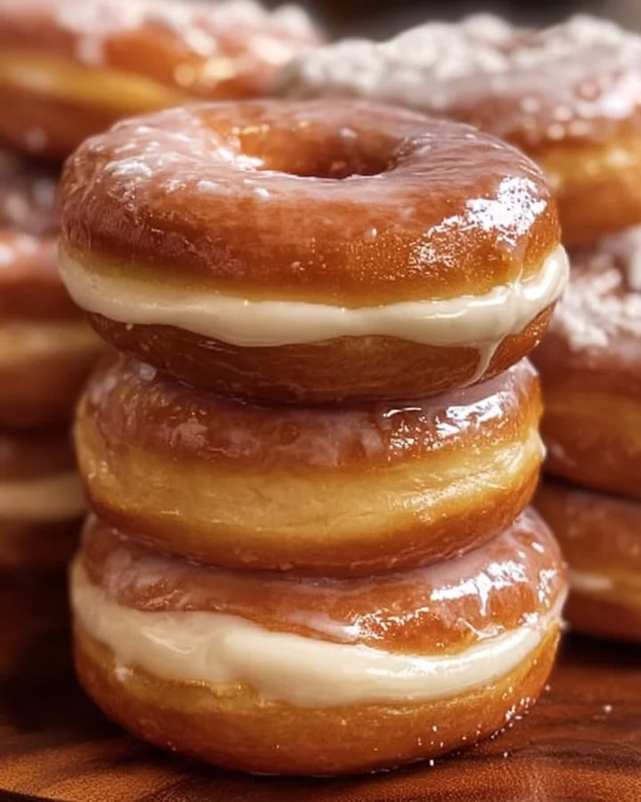 Eggnog bourbon cheesecake-stuffed glazed donuts on a plate
