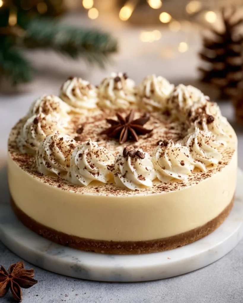 Slice of Eggnog Cheesecake topped with whipped cream and nutmeg