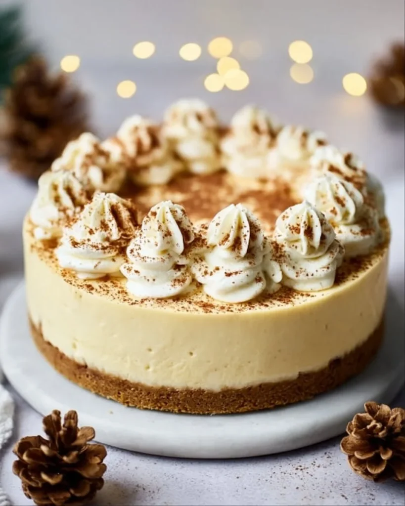 A delicious Eggnog Cheesecake topped with whipped cream and holiday spices.