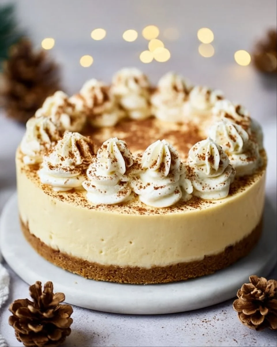 A delicious Eggnog Cheesecake topped with whipped cream and holiday spices.