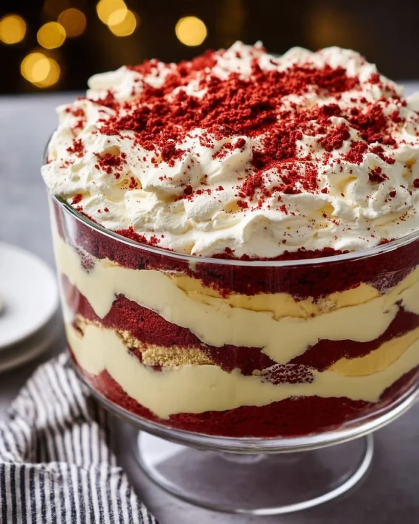Delicious Eggnog Trifle layered with rich Red Velvet Cake and creamy filling.