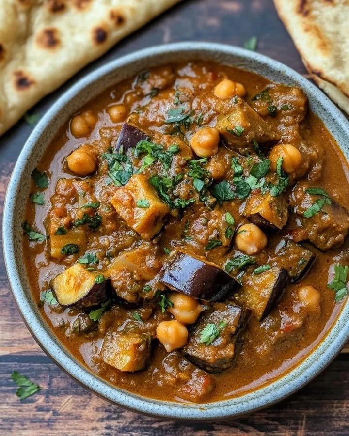 Bowl of Eggplant Chickpea Curry served with rice and garnished with fresh herbs