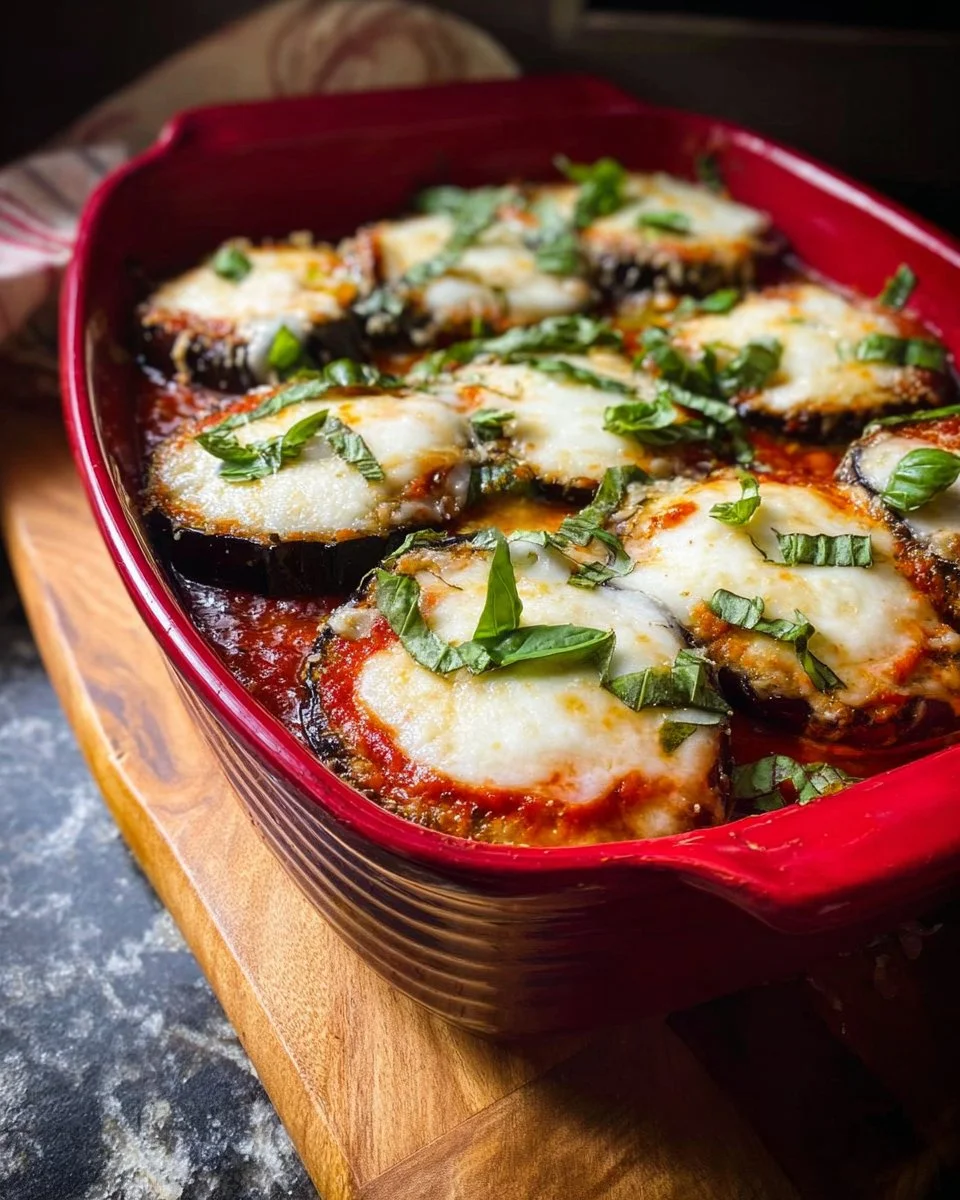 Baked Eggplant Parmesan with layers of eggplant, marinara sauce, and melted cheese