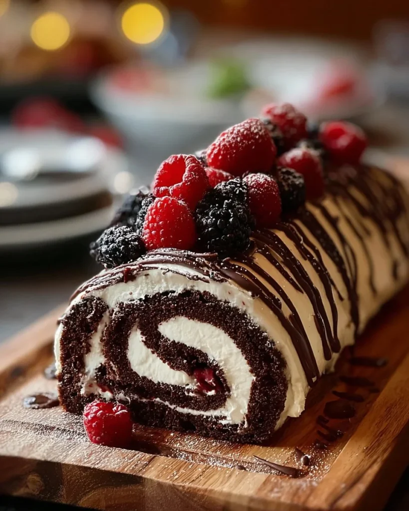 Elegant Black Forest Roll Cake with cherries and whipped cream
